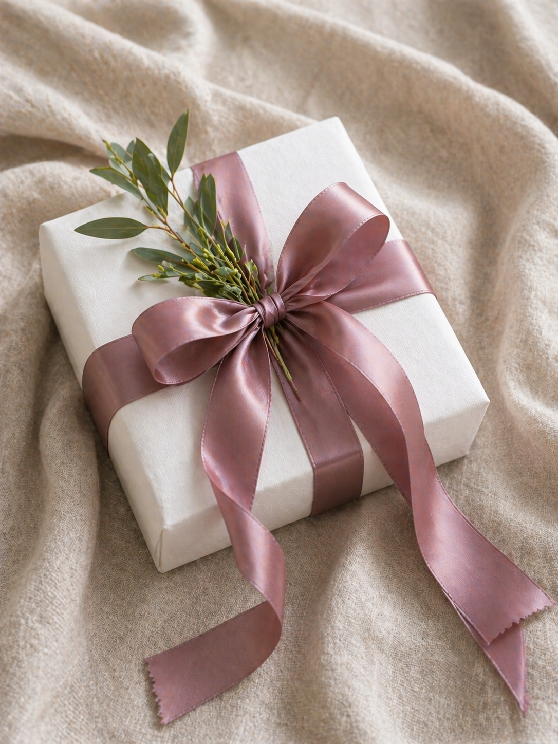 White wrapped gift box with dusty rose ribbon and eucalyptus sprig